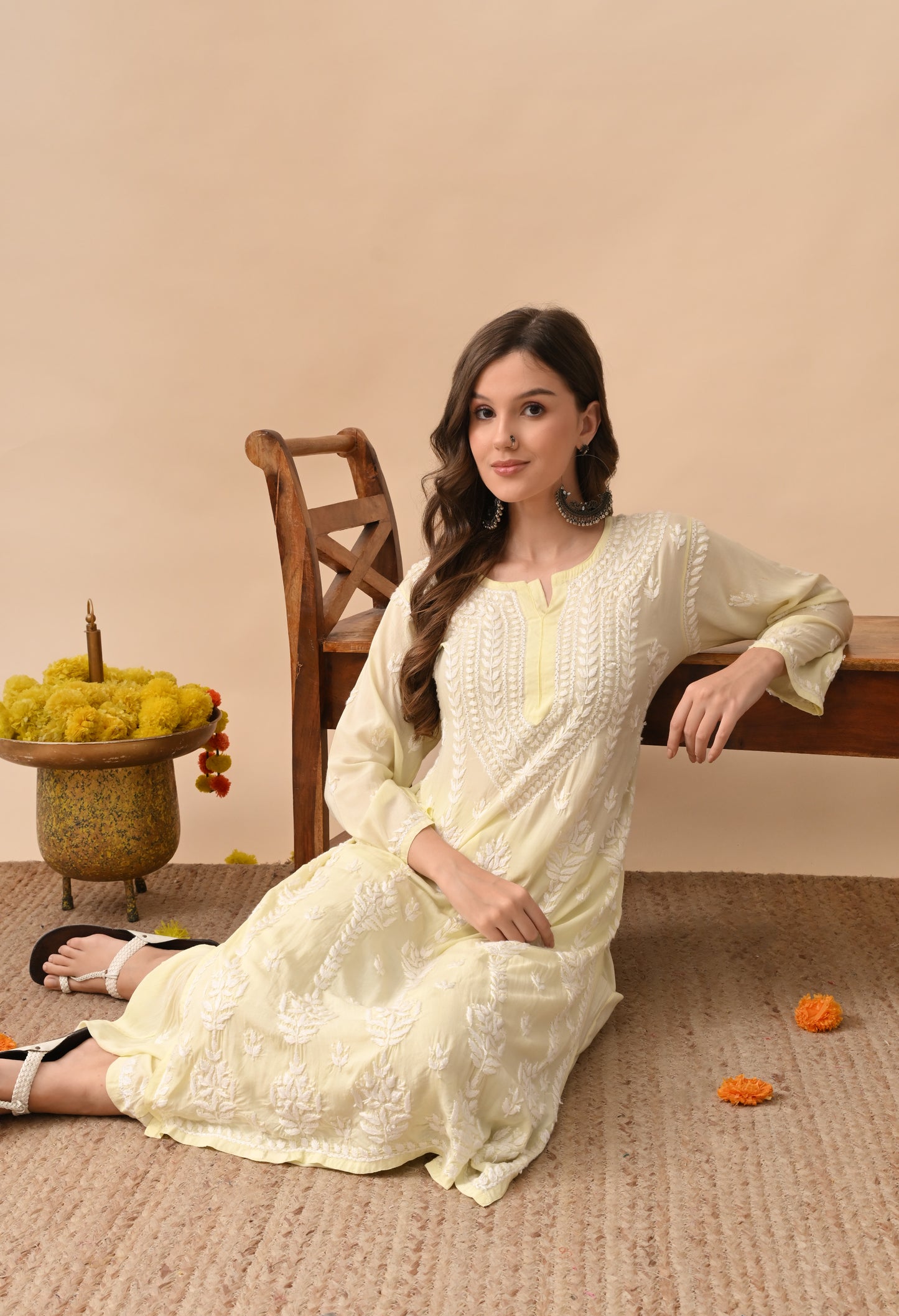 Soft Yellow Hand-Embroidered Modal Chikankari Kurta Set for Women