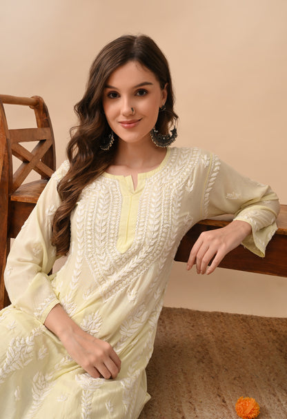 Soft Yellow Hand-Embroidered Modal Chikankari Kurta Set for Women