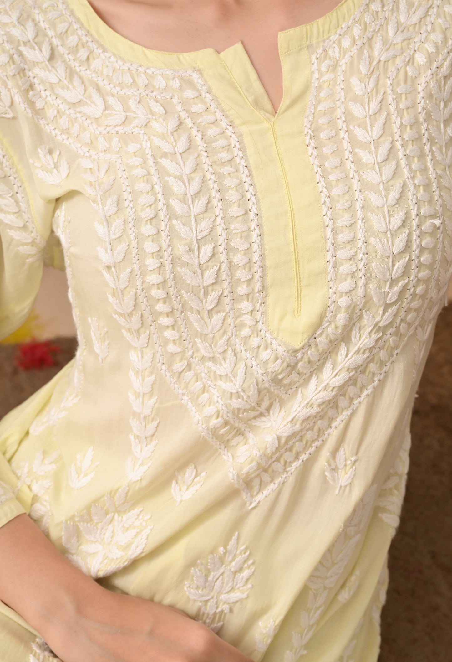 Soft Yellow Hand-Embroidered Modal Chikankari Kurta Set for Women