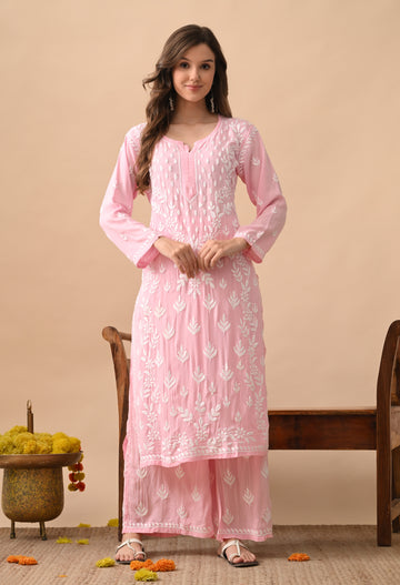 Modal Hand-Embroidered Chikankari Kurta Palazzo Set – Pink