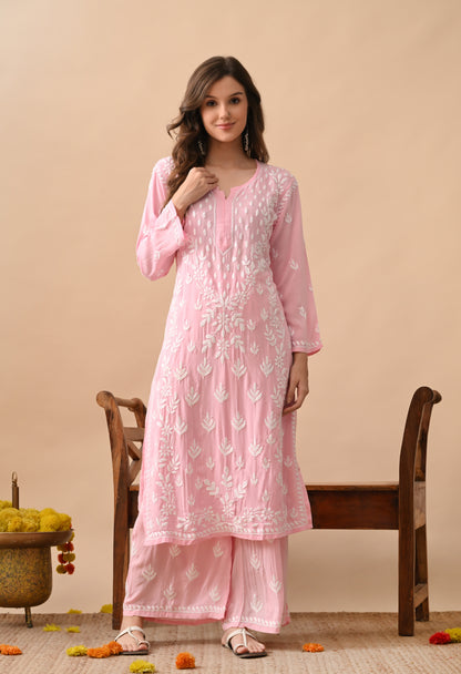 Blush Pink Modal Hand-Embroidered Chikankari Kurta Pant Set