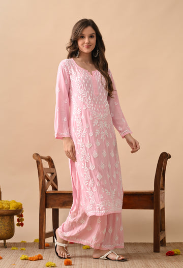 Blush Pink Modal Hand-Embroidered Chikankari Kurta Pant Set
