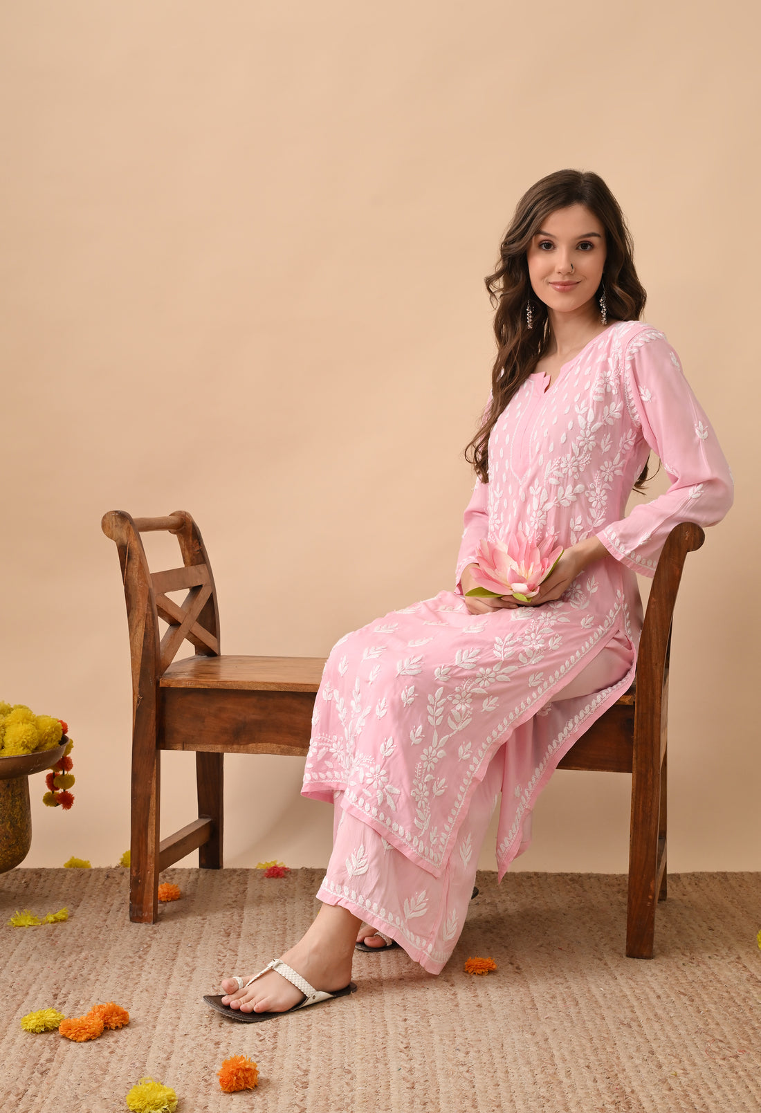 Blush Pink Modal Hand-Embroidered Chikankari Kurta Pant Set