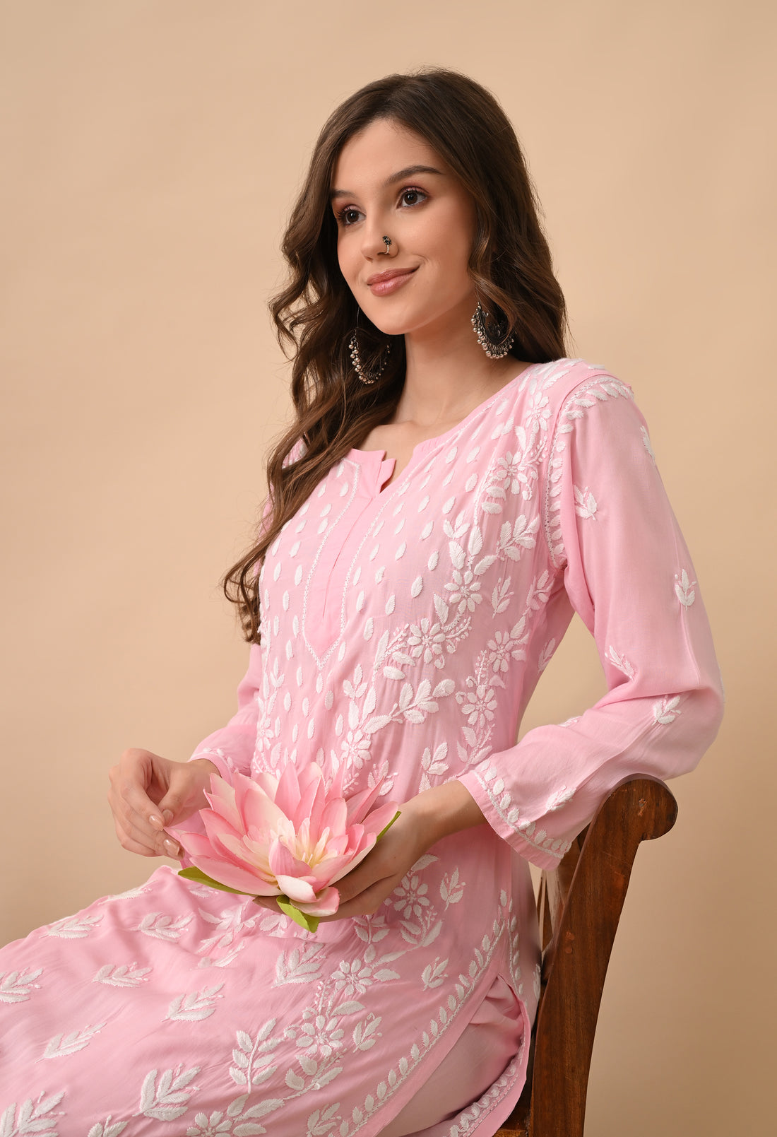Hand Embroidered Chikankari Mulmul Palazzo Set – Pink & White