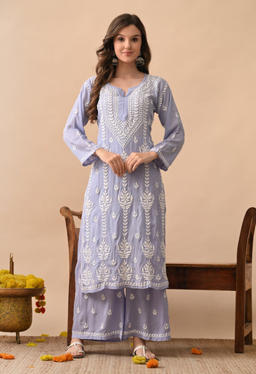 Lavender Grace Hand Embroidered Modal Chikankari Kurta Palazzo Set