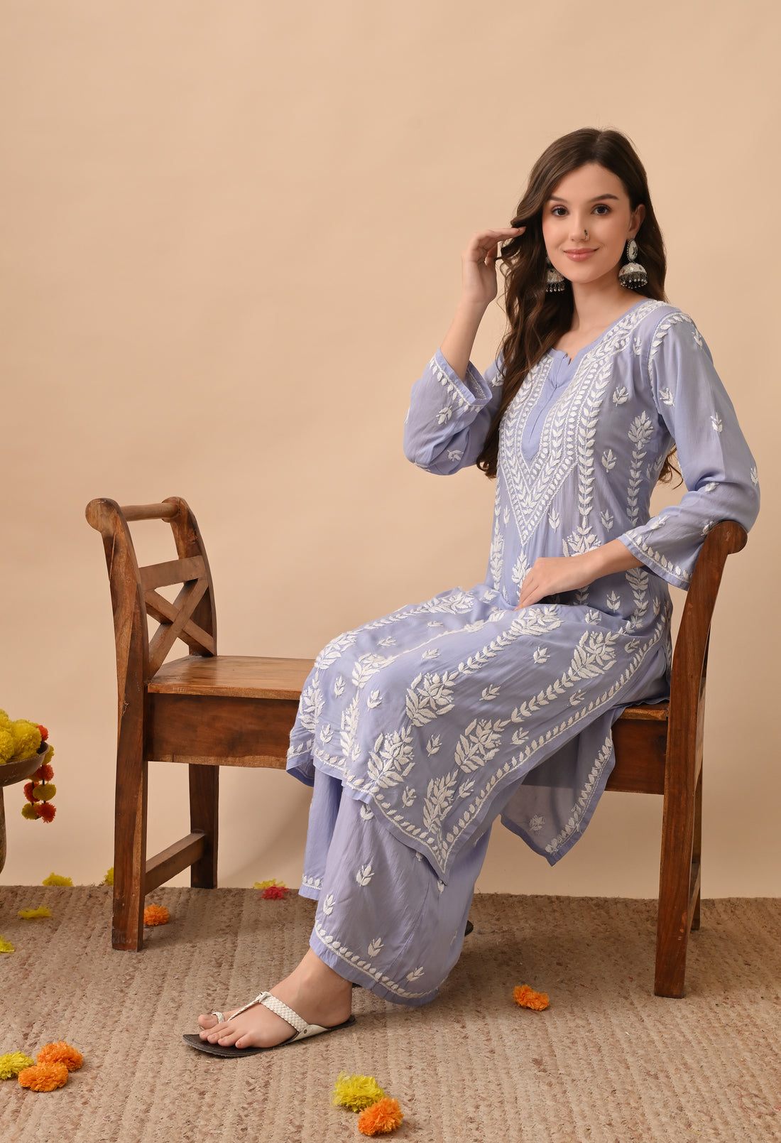Lavender Grace Hand Embroidered Modal Chikankari Kurta Palazzo Set