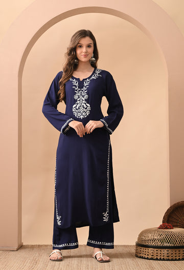 Hand-embroidered Lucknowi Chikankari Kurta Plazo Set – Navy Blue & White
