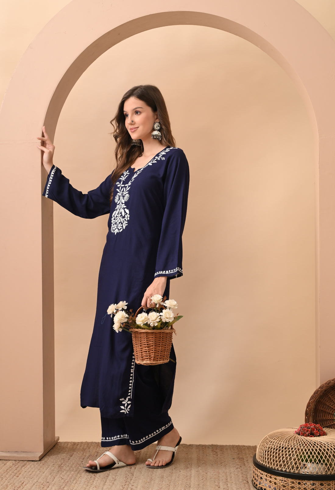 Hand-embroidered Lucknowi Chikankari Kurta Plazo Set – Navy Blue & White