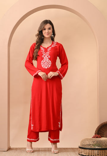 Hand-embroidered Lucknowi Chikankari Kurta Plazo Set – Red & White