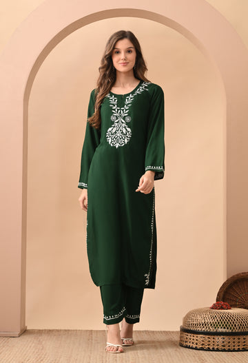Hand-embroidered Lucknowi Chikankari Kurta Plazo Set – Green & White