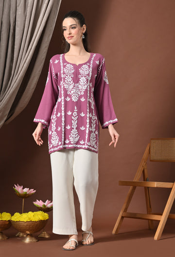 Lucknowi Chikankari Short Kurta in Rayon – Purple and white