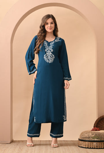 Hand-embroidered Lucknowi Chikankari Kurta Plazo Set – Teal & White