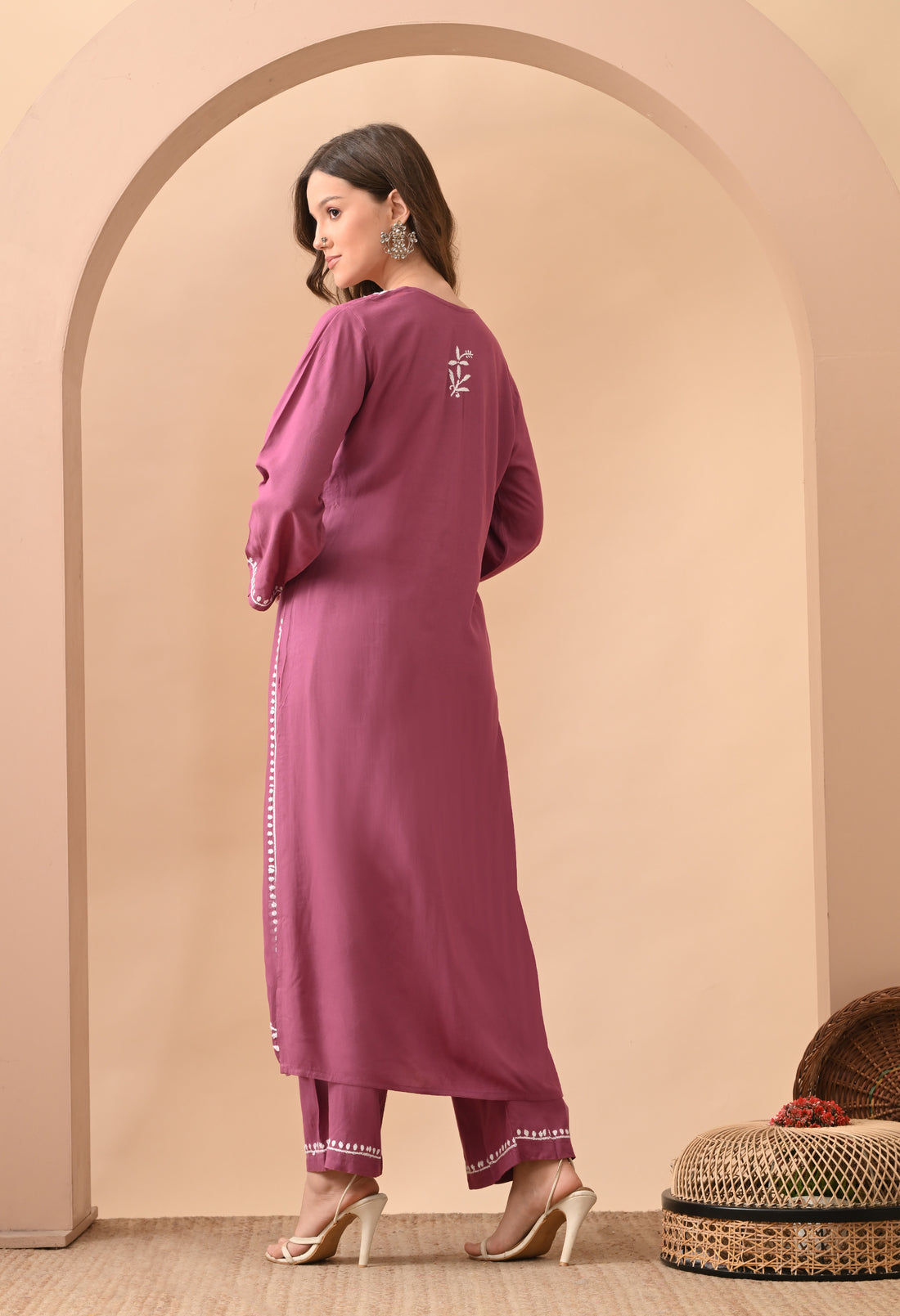 Hand-embroidered Lucknowi Chikankari Kurta Plazo Set – Purple & White