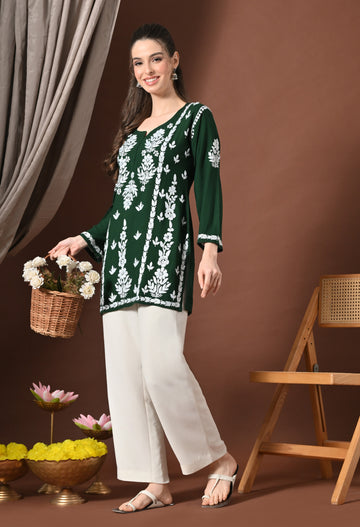 Lucknowi Chikankari Short Kurta in Rayon – Green and white