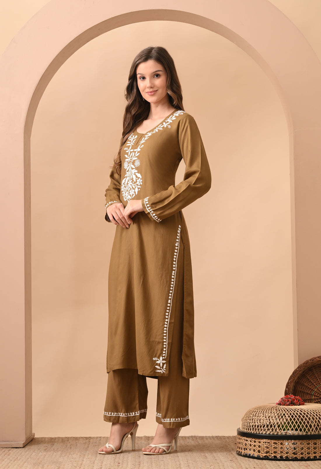 Hand-embroidered Lucknowi Chikankari Kurta Plazo Set –Brown