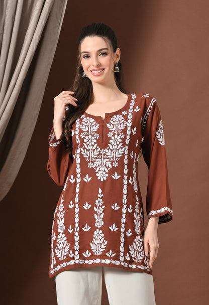 Lucknowi Chikankari Short Kurta in Rayon – Brown & White Floral Embroidery