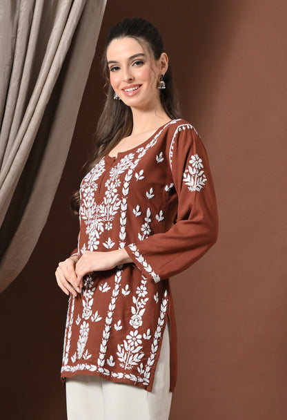 Lucknowi Chikankari Short Kurta in Rayon – Brown & White Floral Embroidery