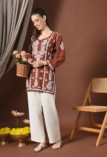 Lucknowi Chikankari Short Kurta in Rayon – Brown and white 