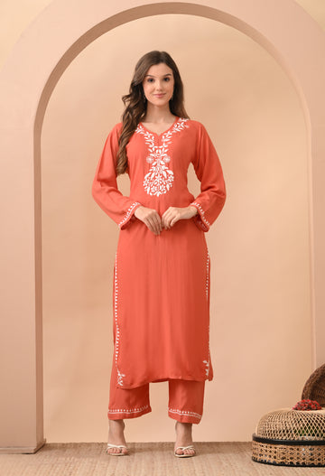 Hand-embroidered Lucknowi Chikankari Kurta Plazo Set –Rust