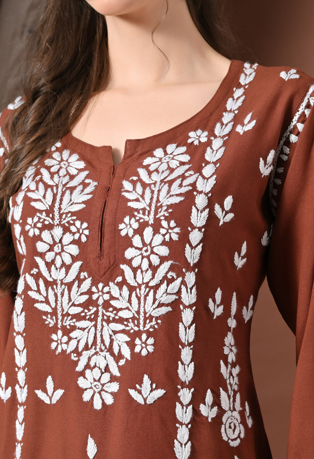 Lucknowi Chikankari Short Kurta in Rayon – Brown and white 