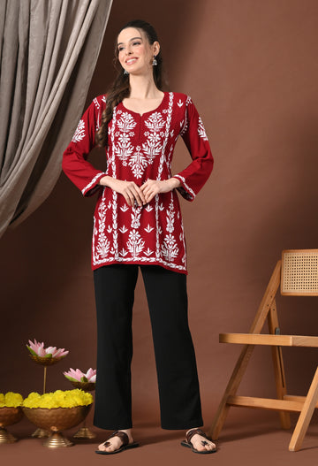 Lucknowi Chikankari Short Kurta in Rayon – Maroon