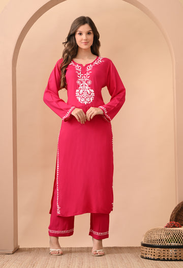 Hand-embroidered Lucknowi Chikankari Kurta Plazo Set – Pink & White
