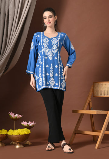 Lucknowi Chikankari Short Kurta in Rayon – Blue & White Floral Embroidery