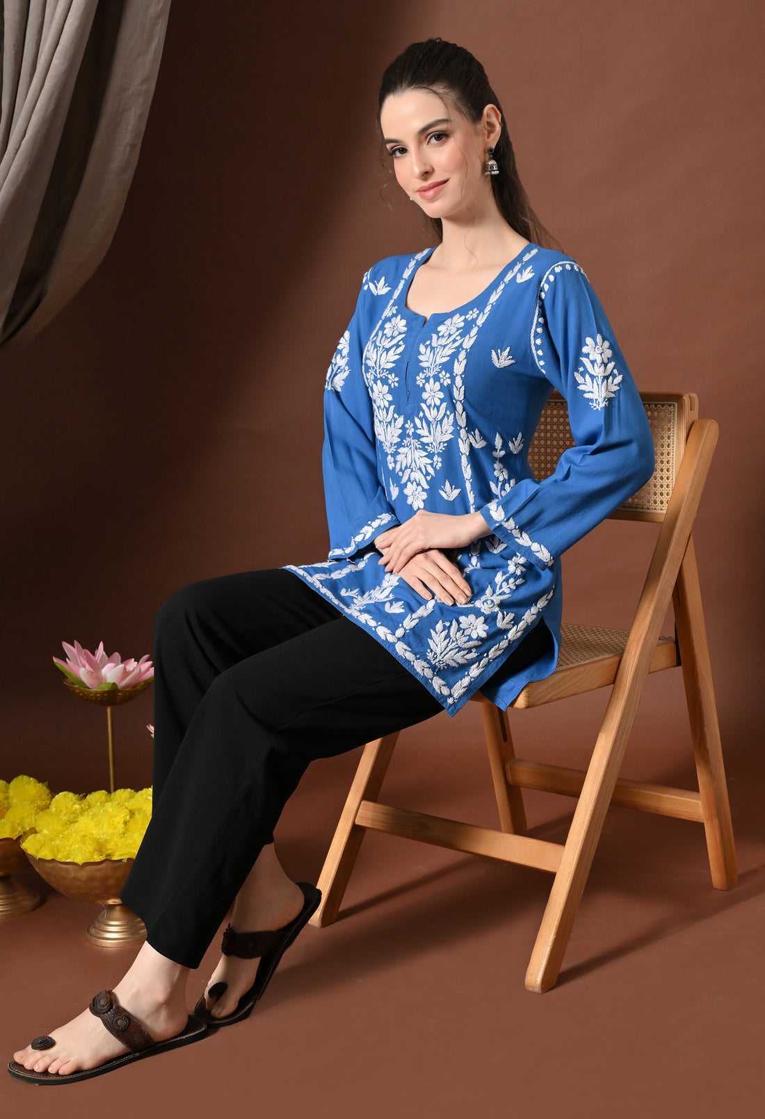 Lucknowi Chikankari Short Kurta in Rayon – Blue White