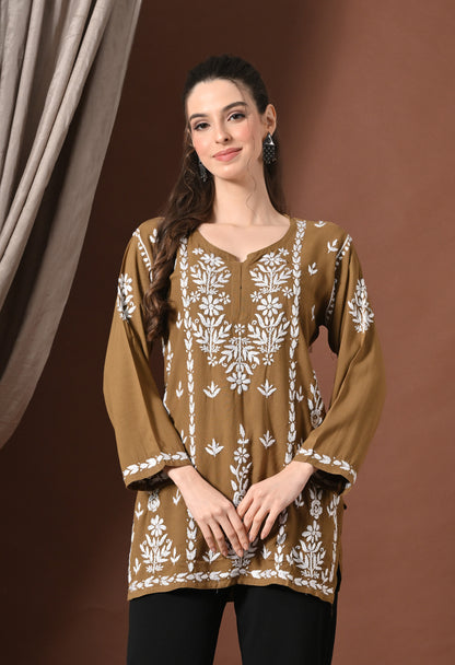 Lucknowi Chikankari Short Kurta in Rayon – Taupe
