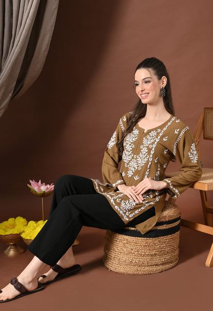 Lucknowi Chikankari Short Kurta in Rayon – Taupe