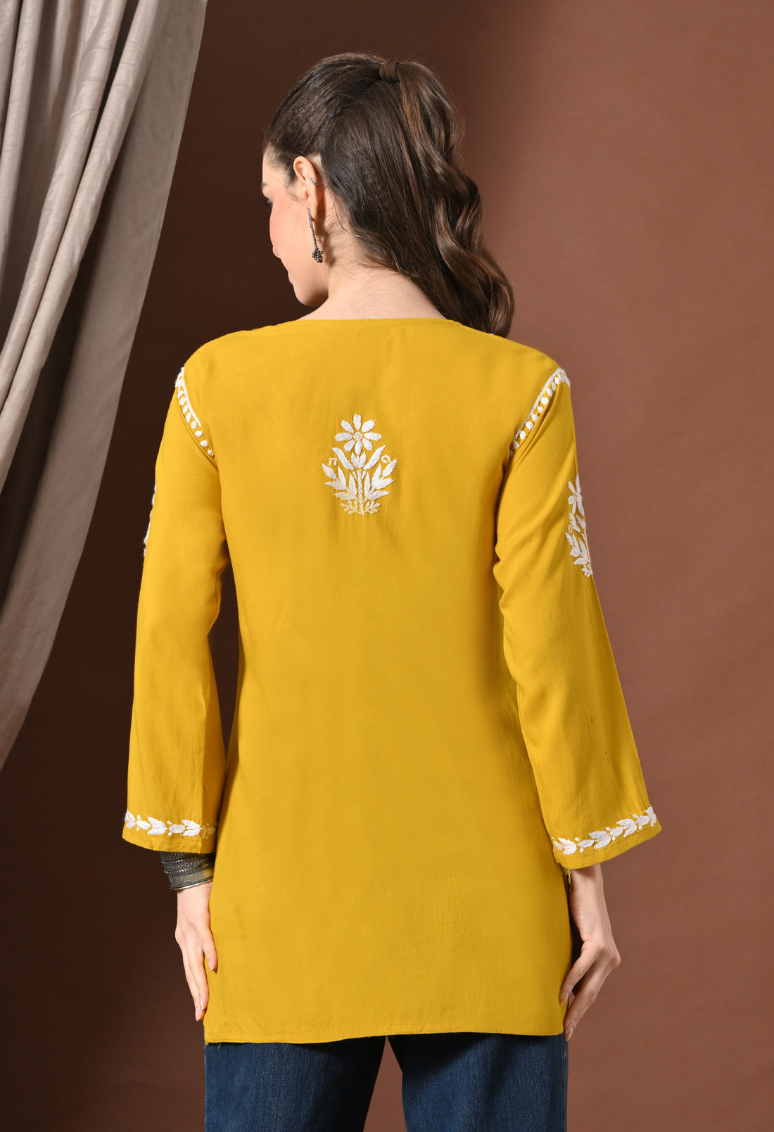 Lucknowi Chikankari Short Kurta in Rayon – Mango Yellow