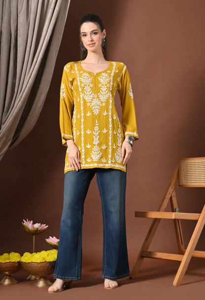 Lucknowi Chikankari Short Kurta in Rayon – Mango Yellow