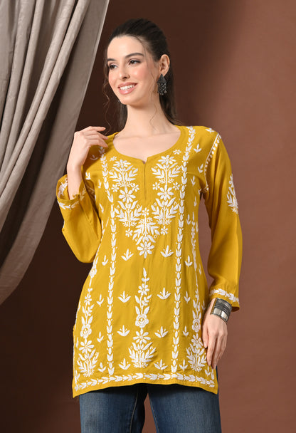 Lucknowi Chikankari Short Kurta in Rayon – Mango Yellow