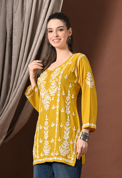 Lucknowi Chikankari Short Kurta in Rayon – Mango Yellow