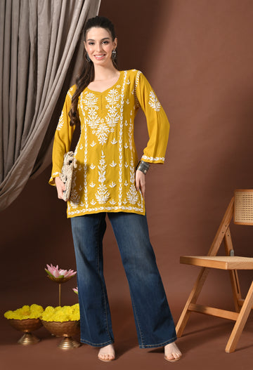 Lucknowi Chikankari Short Kurta in Rayon – Yellow and white 
