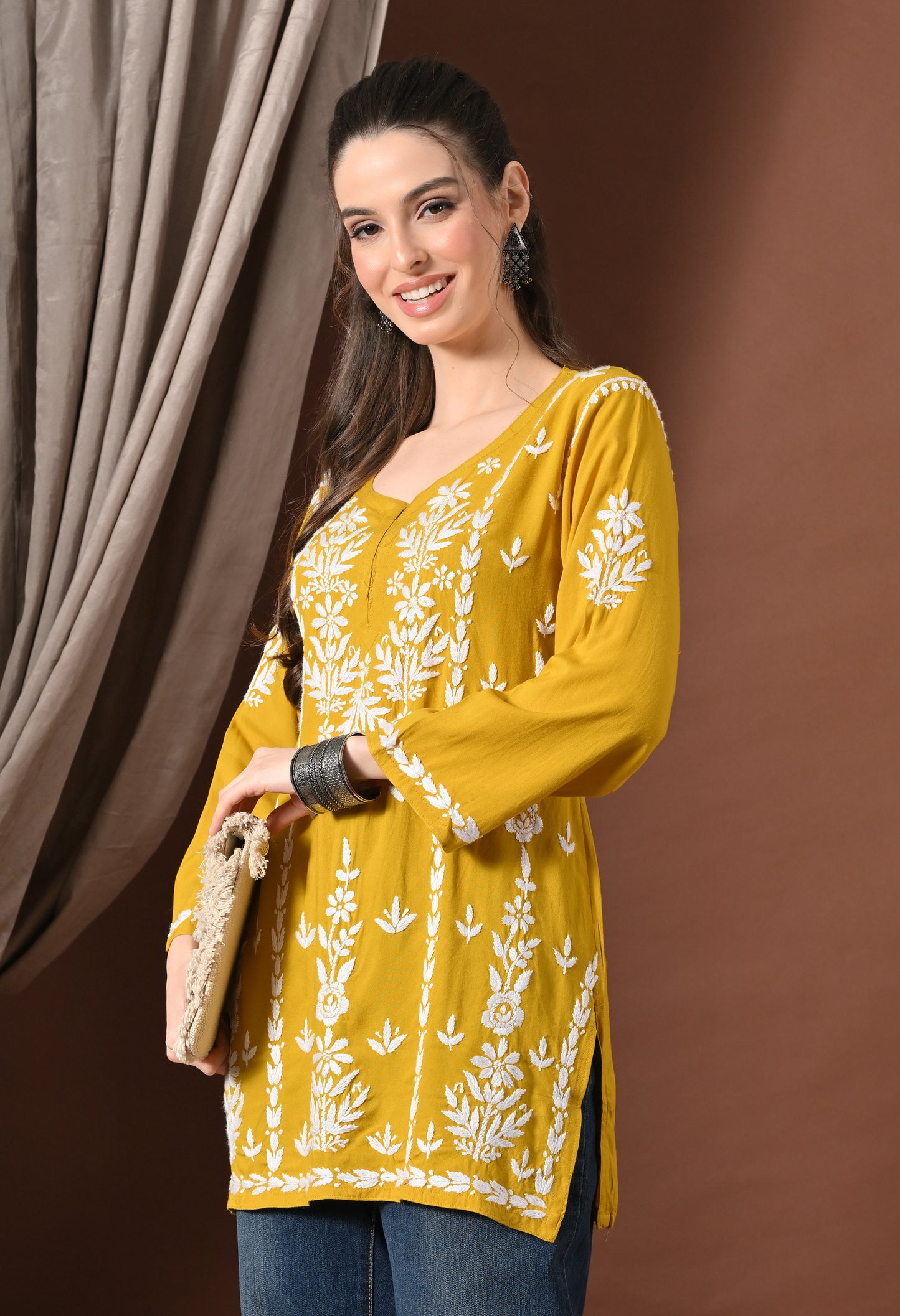 Lucknowi Chikankari Short Kurta in Rayon – Mango Yellow