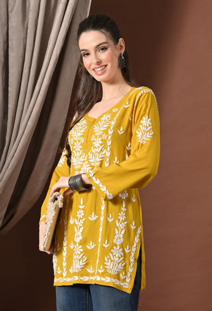 Lucknowi Chikankari Short Kurta in Rayon – Mango Yellow