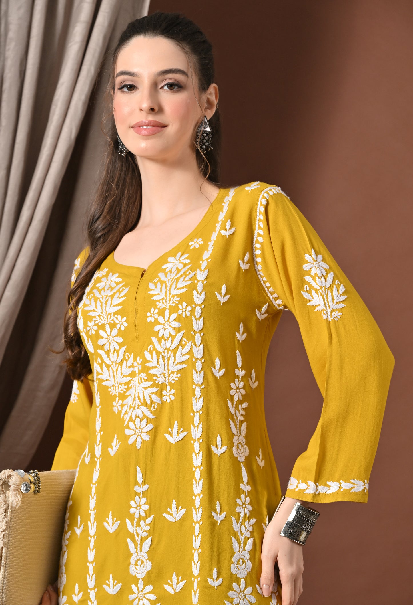 Lucknowi Chikankari Short Kurta in Rayon – Mango Yellow