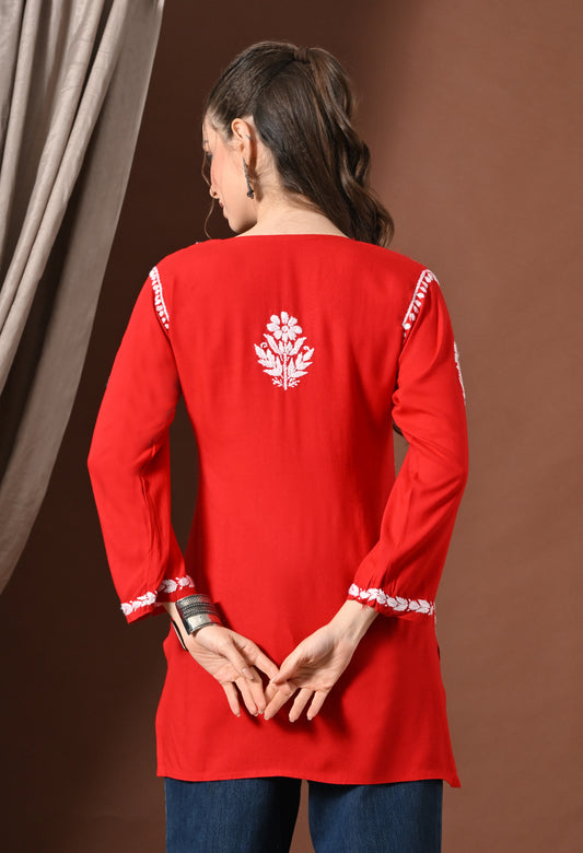 Lucknowi Chikankari Short Kurta in Rayon – Red