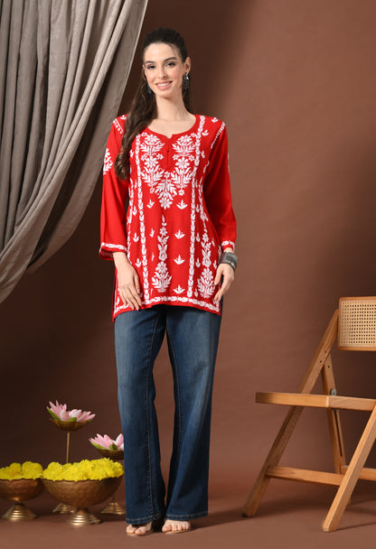 Lucknowi Chikankari Short Kurta in Rayon – Red