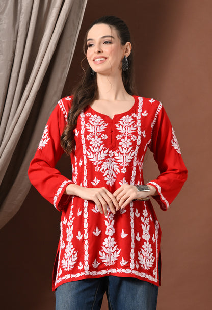 Lucknowi Chikankari Short Kurta in Rayon – Red
