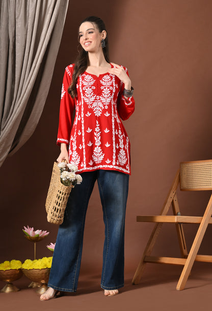 Lucknowi Chikankari Short Kurta in Rayon – Red