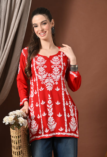 Lucknowi Chikankari Short Kurta in Rayon – Red