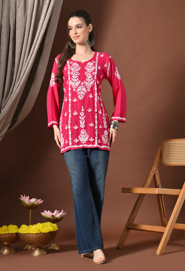 Lucknowi Chikankari Short Kurta in Rayon – Rani Pink
