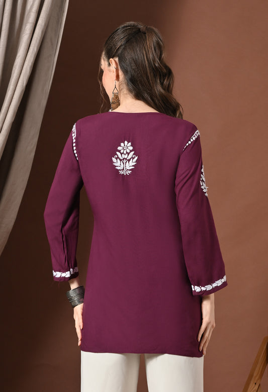 Lucknowi Chikankari Short Kurta in Rayon – Wine