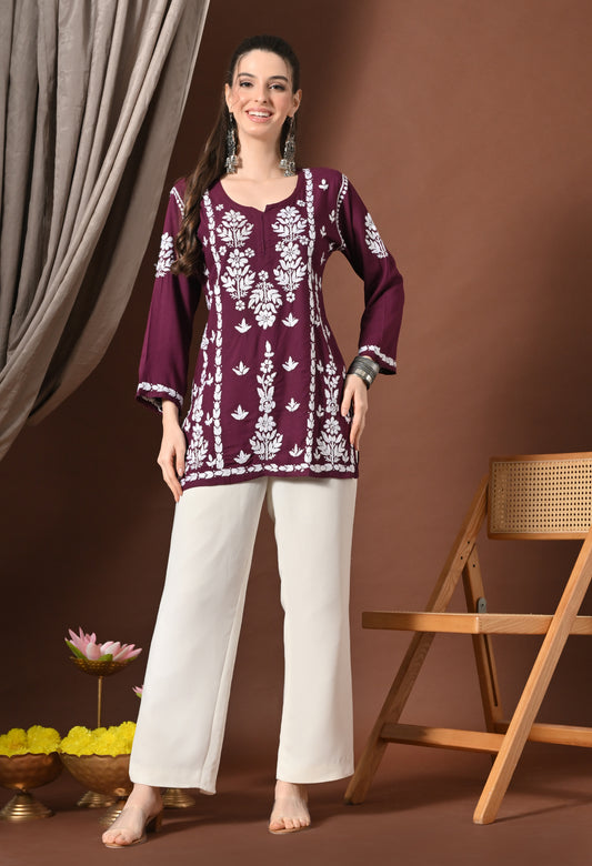 Lucknowi Chikankari Short Kurta in Rayon – Wine