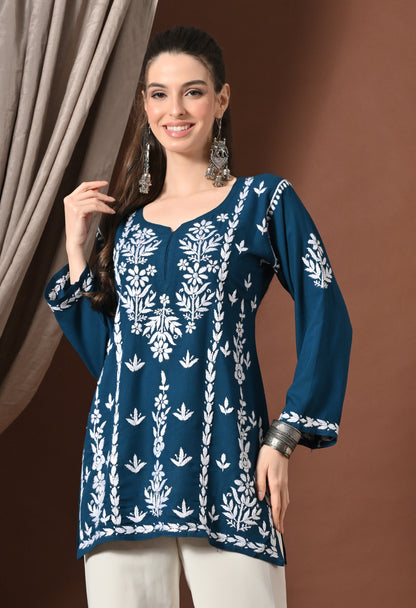 Lucknowi Chikankari Short Kurta in Rayon – Teal