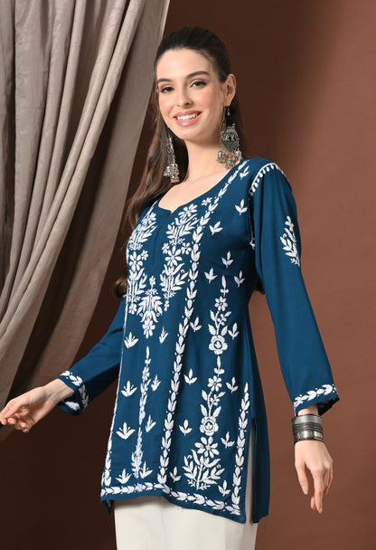Lucknowi Chikankari Short Kurta in Rayon – Teal