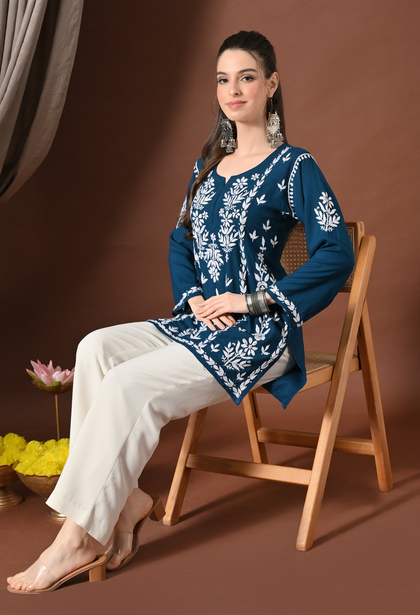 Lucknowi Chikankari Short Kurta in Rayon – Teal