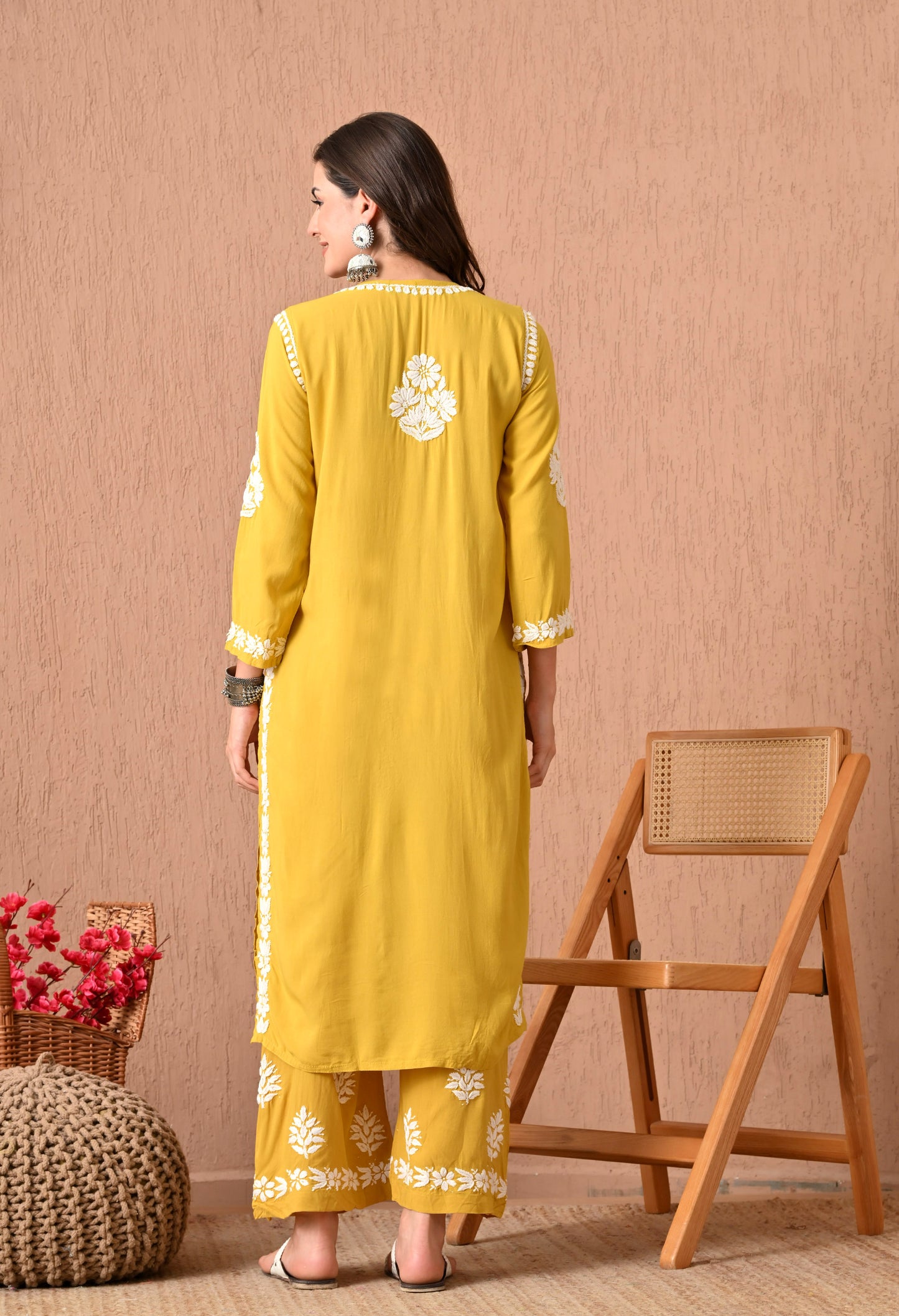 Hand Embroidered Chikankari Plazo Set with 3d Work-Mango yellow